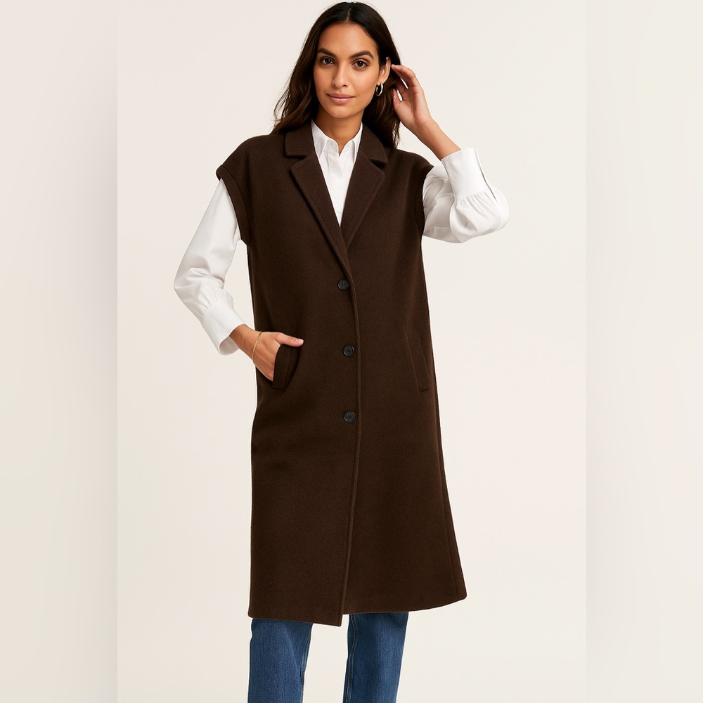 Fransa Wool Blend Long Sleeveless Coat Vest in Chocolate Brown